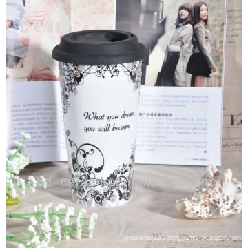 ceramic double wall promotional travel mug with silicon lid